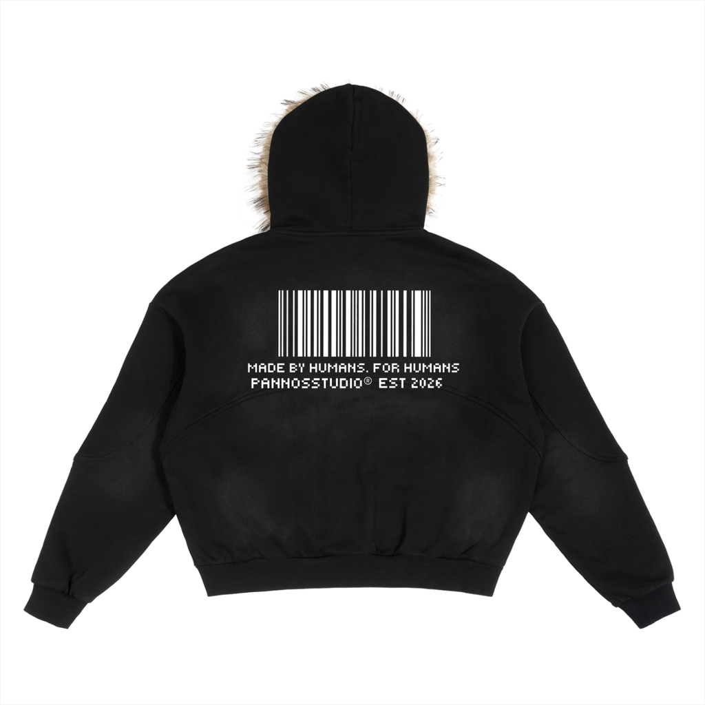 barcode fur lined hoodie